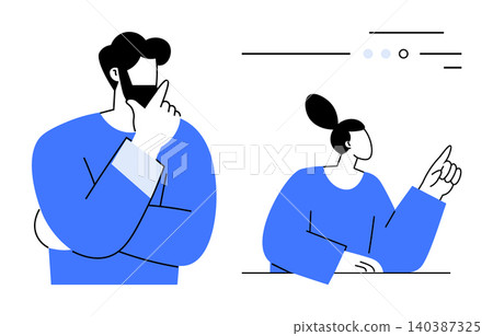 Critical thinking, communication, decision-making, education, teamwork, collaboration. Two abstract figures, one thinking and the other pointing. Critical thinking and communication concept Critical thinking, communication, decision-making, education, teamwork, collaboration. Two abstract figures, one thinking and the other pointing. Critical thinking and communication concept 140387325
