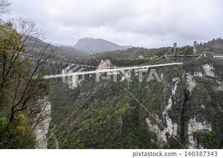 A 400 m long large bridge with glass bottom in Zhangjiajie Grand Canyon in mountains in China A 400 m long large bridge with glass bottom in Zhangjiajie Grand Canyon in mountains in China 140387343
