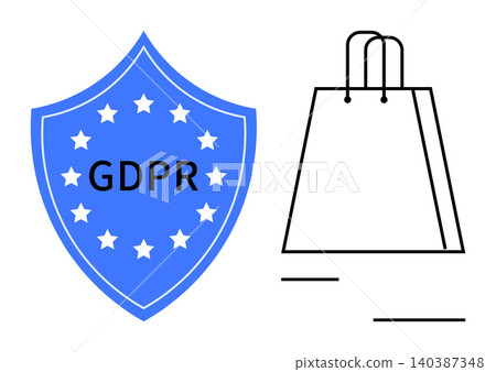 Data protection, e-commerce, privacy policies, online shopping, cybersecurity, digital compliance. Blue GDPR shield with stars next to a simple shopping bag. Data protection and e-commerce Data protection, e-commerce, privacy policies, online shopping, cybersecurity, digital compliance. Blue GDPR shield with stars next to a simple shopping bag. Data protection and e-commerce 140387348