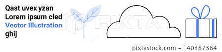 Graphic design, branding, web art, creative advertising, modern packaging, nature motifs. A blue leaf, outlined cloud and gift box in a clean layout. Graphic design and branding concept Graphic design, branding, web art, creative advertising, modern packaging, nature motifs. A blue leaf, outlined cloud and gift box in a clean layout. Graphic design and branding concept 140387364