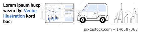 Business analytics, transportation, city planning, growth trends, economy, urbanization. Chart with data, a car and city skyline. Data analysis and transportation concept Business analytics, transportation, city planning, growth trends, economy, urbanization. Chart with data, a car and city skyline. Data analysis and transportation concept 140387368