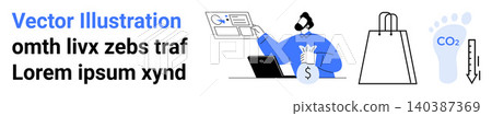 Business strategies, e-commerce, sustainability practices, environmental awareness, finance, online trade. Person holding money with charts, shopping bag and CO2 footprint. E-commerce Business strategies, e-commerce, sustainability practices, environmental awareness, finance, online trade. Person holding money with charts, shopping bag and CO2 footprint. E-commerce 140387369