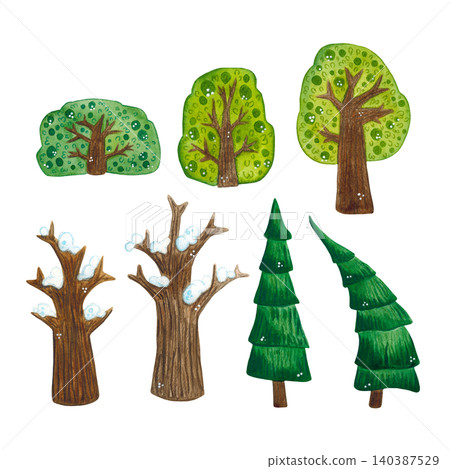 A set of different trees, watercolor illustration, cartoon. Hand-drawn illustration. Design for stickers, cards, scrapbooking. Forest, nature, tree, foliage, bush, spruce A set of different trees, watercolor illustration, cartoon. Hand-drawn illustration. Design for stickers, cards, scrapbooking. Forest, nature, tree, foliage, bush, spruce 140387529
