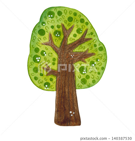 Tree with green foliage, watercolor illustration, cartoon. Hand-drawn illustration. Design for stickers, cards, scrapbooking. Forest, nature, tree, foliage Tree with green foliage, watercolor illustration, cartoon. Hand-drawn illustration. Design for stickers, cards, scrapbooking. Forest, nature, tree, foliage 140387530