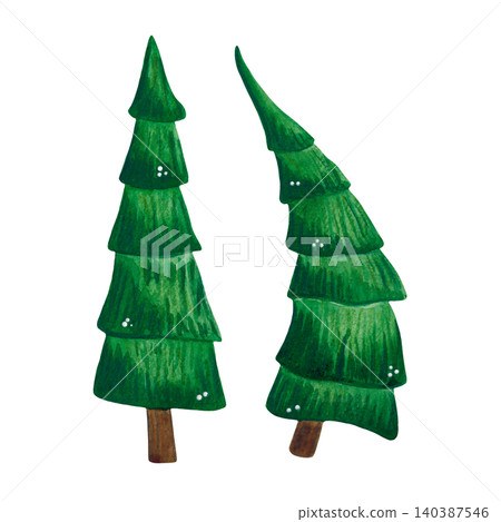 Two green fir trees, watercolor illustration, cartoon. Hand-drawn illustration. Design for stickers, cards, scrapbooking. Forest, nature, tree, conifers, spruce 140387546