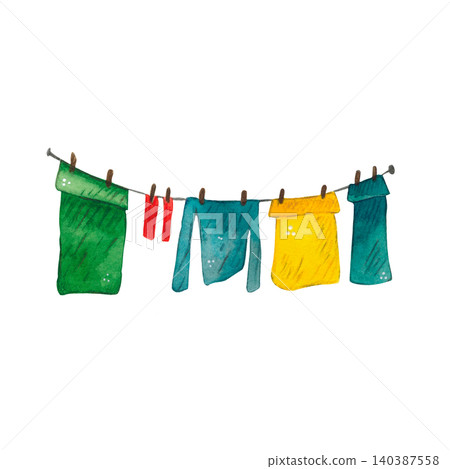 Laundry hanging on a line to dry, watercolor cartoon illustration. Hand-drawn. Design for stickers, cards, and scrapbooking. Village, farm, house, cleaning, clothes, laundry, housewife Laundry hanging on a line to dry, watercolor cartoon illustration. Hand-drawn. Design for stickers, cards, and scrapbooking. Village, farm, house, cleaning, clothes, laundry, housewife 140387558