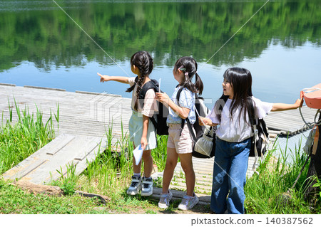 一群小學生女孩手拿地圖，站在湖邊綠樹環繞的環境中，抬頭望向遠方，臉上帶著驚訝的表情。 140387562