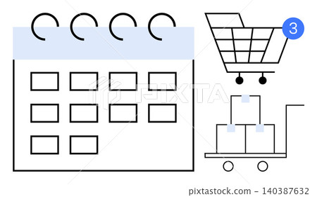 E-commerce planning, online shopping, order management, retail logistics, delivery scheduling, inventory stock. Features a calendar, shopping cart with notification and boxes on a trolley. Online E-commerce planning, online shopping, order management, retail logistics, delivery scheduling, inventory stock. Features a calendar, shopping cart with notification and boxes on a trolley. Online 140387632