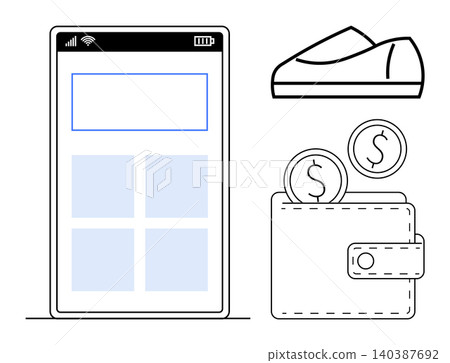 Online shopping, e-commerce, digital wallets, payment methods, mobile applications, financial transactions. Smartphone alongside wallet with coins and shoe icon. E-commerce and digital wallets Online shopping, e-commerce, digital wallets, payment methods, mobile applications, financial transactions. Smartphone alongside wallet with coins and shoe icon. E-commerce and digital wallets 140387692