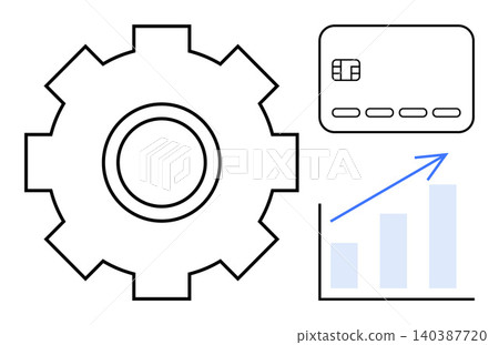 Financial technology, business analytics, economic growth, online payments, digital transformation, and technology-driven services. Gear, credit card and bar chart with upward trend. Financial Financial technology, business analytics, economic growth, online payments, digital transformation, and technology-driven services. Gear, credit card and bar chart with upward trend. Financial 140387720