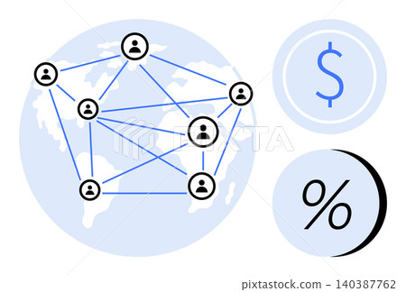 Fintech, peer-to-peer transactions, global connectivity, communication networks, financial technology, global economy. Networked user icons on world map. Global connectivity and fintech concept Fintech, peer-to-peer transactions, global connectivity, communication networks, financial technology, global economy. Networked user icons on world map. Global connectivity and fintech concept 140387762