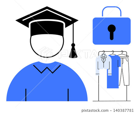 Education, security, retail, knowledge protection, fashion, data privacy. Graduation cap and lock with a clothing rack. Education, security and retail concept Education, security, retail, knowledge protection, fashion, data privacy. Graduation cap and lock with a clothing rack. Education, security and retail concept 140387781