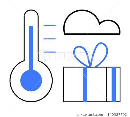Weather, climate gifts, temperature tracking, celebration, holidays, minimalism. Thermometer, cloud and gift box with sleek lines. Weather and climate gift concepts in modern graphics Weather, climate gifts, temperature tracking, celebration, holidays, minimalism. Thermometer, cloud and gift box with sleek lines. Weather and climate gift concepts in modern graphics 140387792