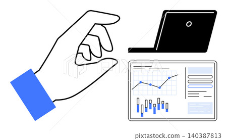 Data analysis, decision-making, technology, digital operations, visualization, business strategy. Hand pointing to analytical graph and laptop. Data analysis and decision-making concept Data analysis, decision-making, technology, digital operations, visualization, business strategy. Hand pointing to analytical graph and laptop. Data analysis and decision-making concept 140387813