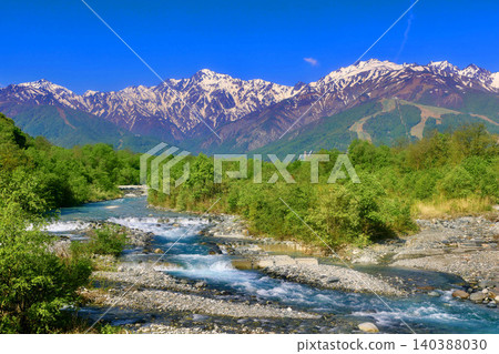 Matsukawa River and the Northern Alps (Hakuba Village, Nagano Prefecture) 140388030