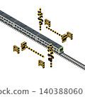 Isometric illustration of a train passing a railway crossing. Railway, traffic safety, and railway infrastructure materials. 140388060