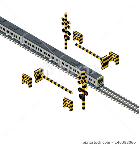 火車通過鐵路道口的等距視圖。鐵路、交通安全及鐵路基礎設施相關資料。 火車通過鐵路道口的等距視圖。鐵路、交通安全及鐵路基礎設施相關資料。 140388060