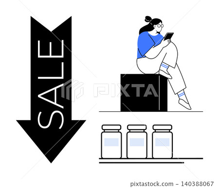E-commerce, online deals, retail discounts, shopping apps, consumer behavior, marketing campaigns. Woman using smartphone near sale arrow and product jars. E-commerce and retail concepts E-commerce, online deals, retail discounts, shopping apps, consumer behavior, marketing campaigns. Woman using smartphone near sale arrow and product jars. E-commerce and retail concepts 140388067