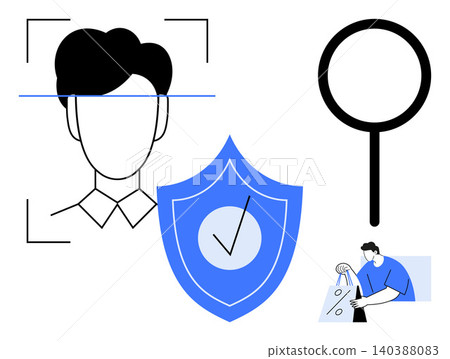 Security and privacy, authentication, e-commerce safety, fraud prevention, user verification, identity management. Facial recognition, shield icon magnifying glass person shopping. Security Security and privacy, authentication, e-commerce safety, fraud prevention, user verification, identity management. Facial recognition, shield icon magnifying glass person shopping. Security 140388083