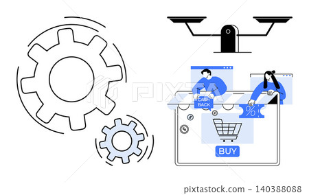 E-commerce, online shopping, cashback benefits, payment processing, technology integration, customer experience. Gears, scale and buying cart highlight tech and financial systems. E-commerce E-commerce, online shopping, cashback benefits, payment processing, technology integration, customer experience. Gears, scale and buying cart highlight tech and financial systems. E-commerce 140388088