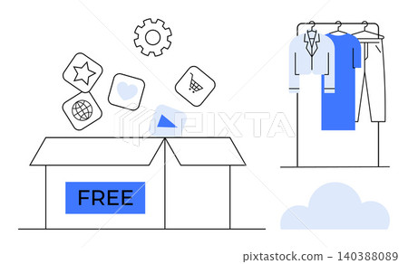 Digital marketing, product delivery, promotional offers, e-commerce, clothing donation, user interface. A free box with icons and hanging clothes. Promotional offers and e-commerce Digital marketing, product delivery, promotional offers, e-commerce, clothing donation, user interface. A free box with icons and hanging clothes. Promotional offers and e-commerce 140388089