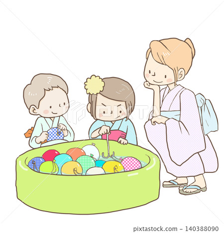 一位家長和孩子正在玩溜溜球釣魚遊戲。 一位家長和孩子正在玩溜溜球釣魚遊戲。 140388090
