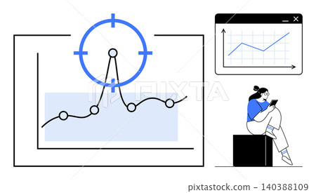 Business strategy, data analysis, performance monitoring, goal tracking, financial growth, target setting. Graph pointing to peaks. Business strategy and data analysis concept Business strategy, data analysis, performance monitoring, goal tracking, financial growth, target setting. Graph pointing to peaks. Business strategy and data analysis concept 140388109