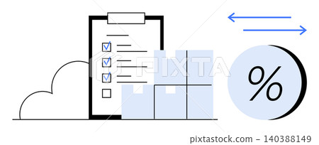 Supply chain, inventory tracking, warehouse organization, delivery services, business processes, shipping management. Checklist with boxes and percentage symbol. Logistics and inventory tracking Supply chain, inventory tracking, warehouse organization, delivery services, business processes, shipping management. Checklist with boxes and percentage symbol. Logistics and inventory tracking 140388149