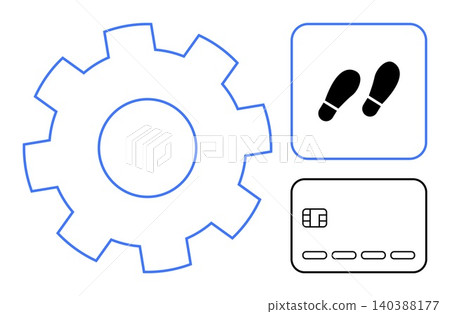Technology, payment systems, process automation, surveillance, data tracking, logistics. Gear, credit card footprint icons on white. Technology and payment systems concept Technology, payment systems, process automation, surveillance, data tracking, logistics. Gear, credit card footprint icons on white. Technology and payment systems concept 140388177