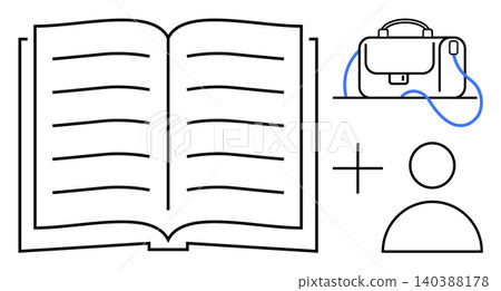 Education, career growth, work-life balance, professional development, knowledge sharing, and learning. Open book, briefcase plus sign and person symbol. Education and career growth concept Education, career growth, work-life balance, professional development, knowledge sharing, and learning. Open book, briefcase plus sign and person symbol. Education and career growth concept 140388178