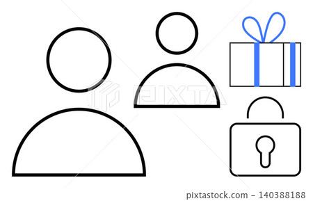 Data protection, online privacy, digital identity, user interaction, e-commerce, gift exchange. Minimalist icons of users, padlock and gift box. Data protection and online privacy concept Data protection, online privacy, digital identity, user interaction, e-commerce, gift exchange. Minimalist icons of users, padlock and gift box. Data protection and online privacy concept 140388188
