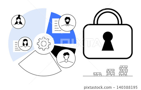 Data protection, digital privacy, cybersecurity, secure access, identity management, online safety. A lock beside a pie chart user profiles and a gear symbol. Data protection and digital privacy Data protection, digital privacy, cybersecurity, secure access, identity management, online safety. A lock beside a pie chart user profiles and a gear symbol. Data protection and digital privacy 140388195