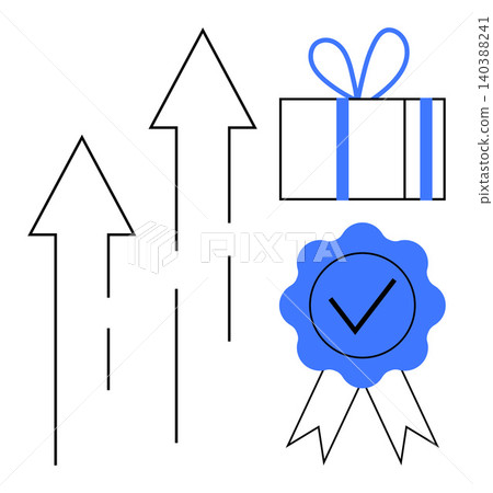 Business growth, achievement, rewards, progress, recognition, goal setting. Black upward arrows, blue gift box and check-mark ribbon icon. Growth and rewards presented symbolically Business growth, achievement, rewards, progress, recognition, goal setting. Black upward arrows, blue gift box and check-mark ribbon icon. Growth and rewards presented symbolically 140388241