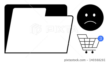 File organization, ecommerce notifications, data management, online shopping, information storage, customer experience. Folder, sad face shopping cart with a message badge. Ecommerce notifications File organization, ecommerce notifications, data management, online shopping, information storage, customer experience. Folder, sad face shopping cart with a message badge. Ecommerce notifications 140388281