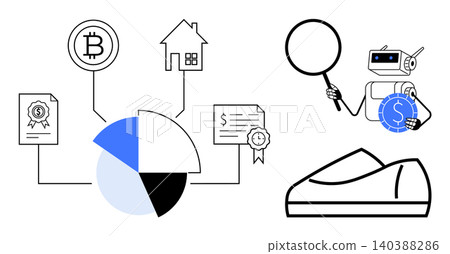 Blockchain, financial technology, digital payments, real estate, investment analysis, automated processes. Pie chart, cryptocurrency contract and robot with magnifying glass. Blockchain Blockchain, financial technology, digital payments, real estate, investment analysis, automated processes. Pie chart, cryptocurrency contract and robot with magnifying glass. Blockchain 140388286
