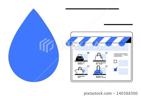 Online shopping, e-commerce platforms, digital storefronts, retail businesses, website design, modern technology. A storefront window combined with a large blue drop. Online shopping and e-commerce Online shopping, e-commerce platforms, digital storefronts, retail businesses, website design, modern technology. A storefront window combined with a large blue drop. Online shopping and e-commerce 140388300