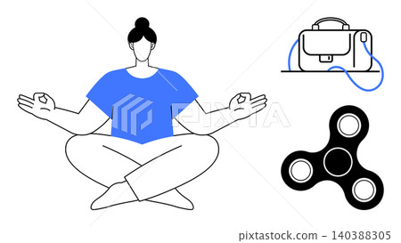 Stress relief, workplace balance, mindfulness, relaxation techniques, focus tools, mental health. Person meditating, spinner and briefcase. Mindfulness and stress relief concept 140388305