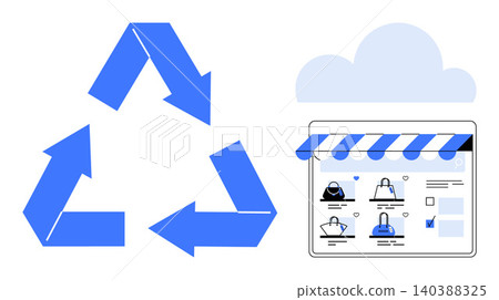 Sustainability, online shopping, e-commerce, recycling, eco-friendly practices, cloud storage. Blue recycling symbol and digital store interface. Sustainability and online shopping concept Sustainability, online shopping, e-commerce, recycling, eco-friendly practices, cloud storage. Blue recycling symbol and digital store interface. Sustainability and online shopping concept 140388325