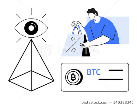 Cryptocurrency, e-commerce, blockchain, digital transactions, discounts, financial innovations. Stylized eye symbol, person holding shopping bag Bitcoin payment . Cryptocurrency and e-commerce Cryptocurrency, e-commerce, blockchain, digital transactions, discounts, financial innovations. Stylized eye symbol, person holding shopping bag Bitcoin payment . Cryptocurrency and e-commerce 140388345