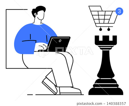 Digital strategy, e-commerce, online shopping, decision making, business goals, technology trends. Person using laptop, shopping cart icon chess rook. Digital strategy and e-commerce concept 140388357