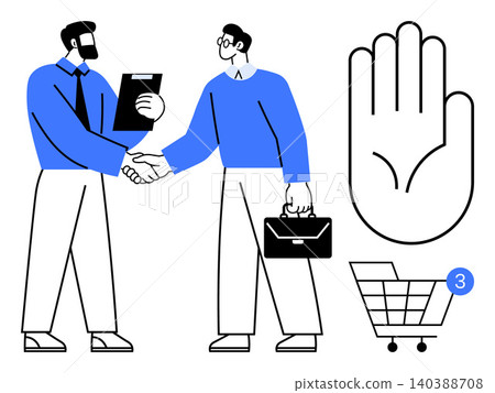 Business negotiations, online shopping, security authentication, identity verification, partnerships, customer notifications. Two people shaking hands. Business negotiations and online shopping 140388708