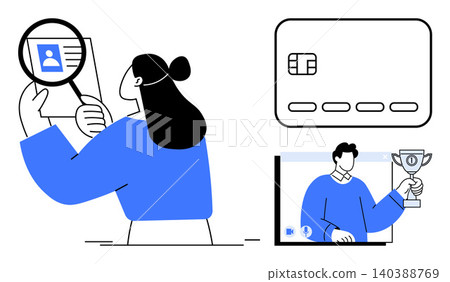 Identity verification, digital security, online authentication, financial services, virtual recognition, and user data. A person examining an ID, a credit card, and a man holding a trophy on Identity verification, digital security, online authentication, financial services, virtual recognition, and user data. A person examining an ID, a credit card, and a man holding a trophy on 140388769