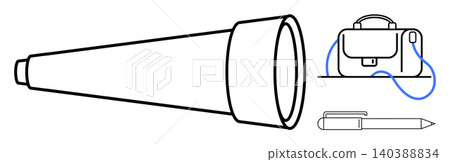 Exploration, travel, education, stationery, adventure, planning. A minimal line drawing of a telescope, a bag with a strap and a pen. Exploration and travel planning concepts 140388834