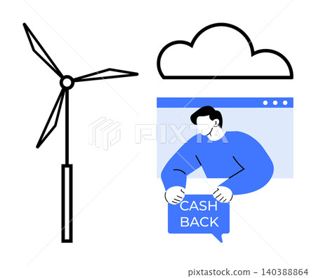 Renewable energy, eco-finance, sustainable technology, online savings, cashback rewards, clean energy. Wind turbine paired with a person holding a cashback sign. Renewable energy and eco-finance Renewable energy, eco-finance, sustainable technology, online savings, cashback rewards, clean energy. Wind turbine paired with a person holding a cashback sign. Renewable energy and eco-finance 140388864