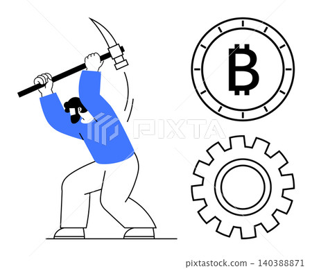 Cryptocurrency, blockchain, bitcoin mining, financial technology, digital economy, decentralized transactions. Worker striking with a pickaxe, bitcoin symbol gear icon. Cryptocurrency and blockchain Cryptocurrency, blockchain, bitcoin mining, financial technology, digital economy, decentralized transactions. Worker striking with a pickaxe, bitcoin symbol gear icon. Cryptocurrency and blockchain 140388871
