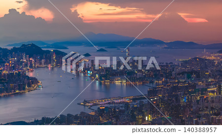 July 8 2022 HK. Kowloon skyline Victoria Harbour night July 8 2022 HK. Kowloon skyline Victoria Harbour night 140388957