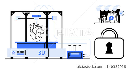 Healthcare innovation, cybersecurity, online services, biotechnology, telemedicine, medical advancements. A 3D printer creating a heart, a padlock and an online pharmacy. Healthcare innovation Healthcare innovation, cybersecurity, online services, biotechnology, telemedicine, medical advancements. A 3D printer creating a heart, a padlock and an online pharmacy. Healthcare innovation 140389018