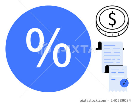 Financial planning, taxes, accounting services, budgeting, interest rates, approval processes. Blue percentage symbol, dollar coin approved receipt with checkmark. Financial planning and taxes Financial planning, taxes, accounting services, budgeting, interest rates, approval processes. Blue percentage symbol, dollar coin approved receipt with checkmark. Financial planning and taxes 140389084