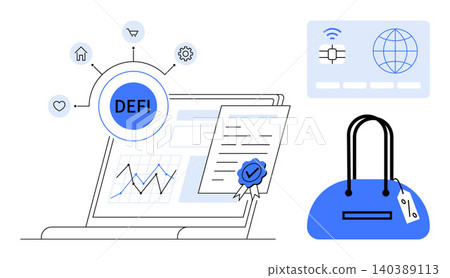 Decentralized finance, online transactions, secure payments, blockchain technology, e-commerce, luxury goods authentication. Laptop with DeFi diagram, digital card, luxury bag illustration 140389113