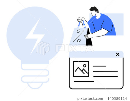 E-commerce, online shopping, innovation, digital services, web design, user experience. Man holding shopping bags, light bulb and store interface. E-commerce and innovation concept E-commerce, online shopping, innovation, digital services, web design, user experience. Man holding shopping bags, light bulb and store interface. E-commerce and innovation concept 140389114